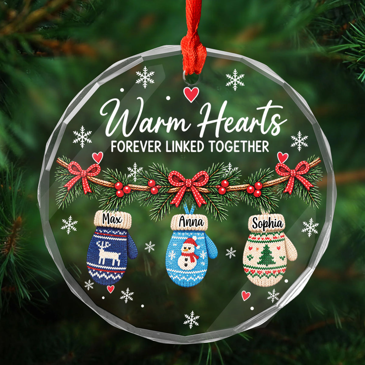 Warm Hearts Forever Linked - Personalized Glass Ornament, Hanging Winter Mittens Family Christmas Glass Ornament