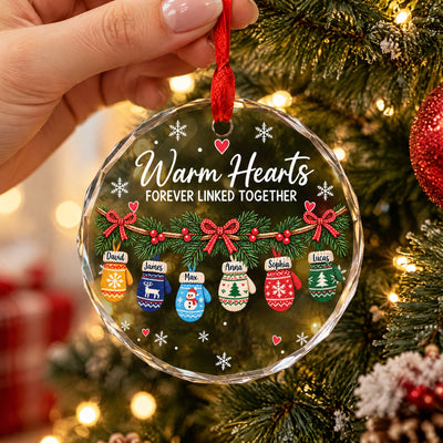 Warm Hearts Forever Linked - Personalized Glass Ornament, Hanging Winter Mittens Family Christmas Glass Ornament