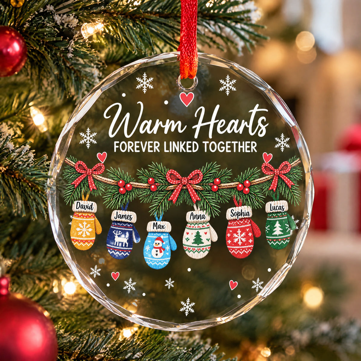 Warm Hearts Forever Linked - Personalized Glass Ornament, Hanging Winter Mittens Family Christmas Glass Ornament