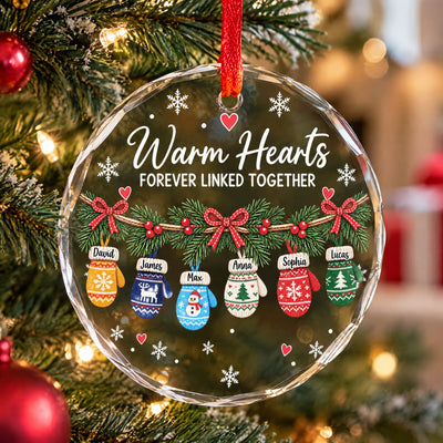 Warm Hearts Forever Linked - Personalized Glass Ornament, Hanging Winter Mittens Family Christmas Glass Ornament