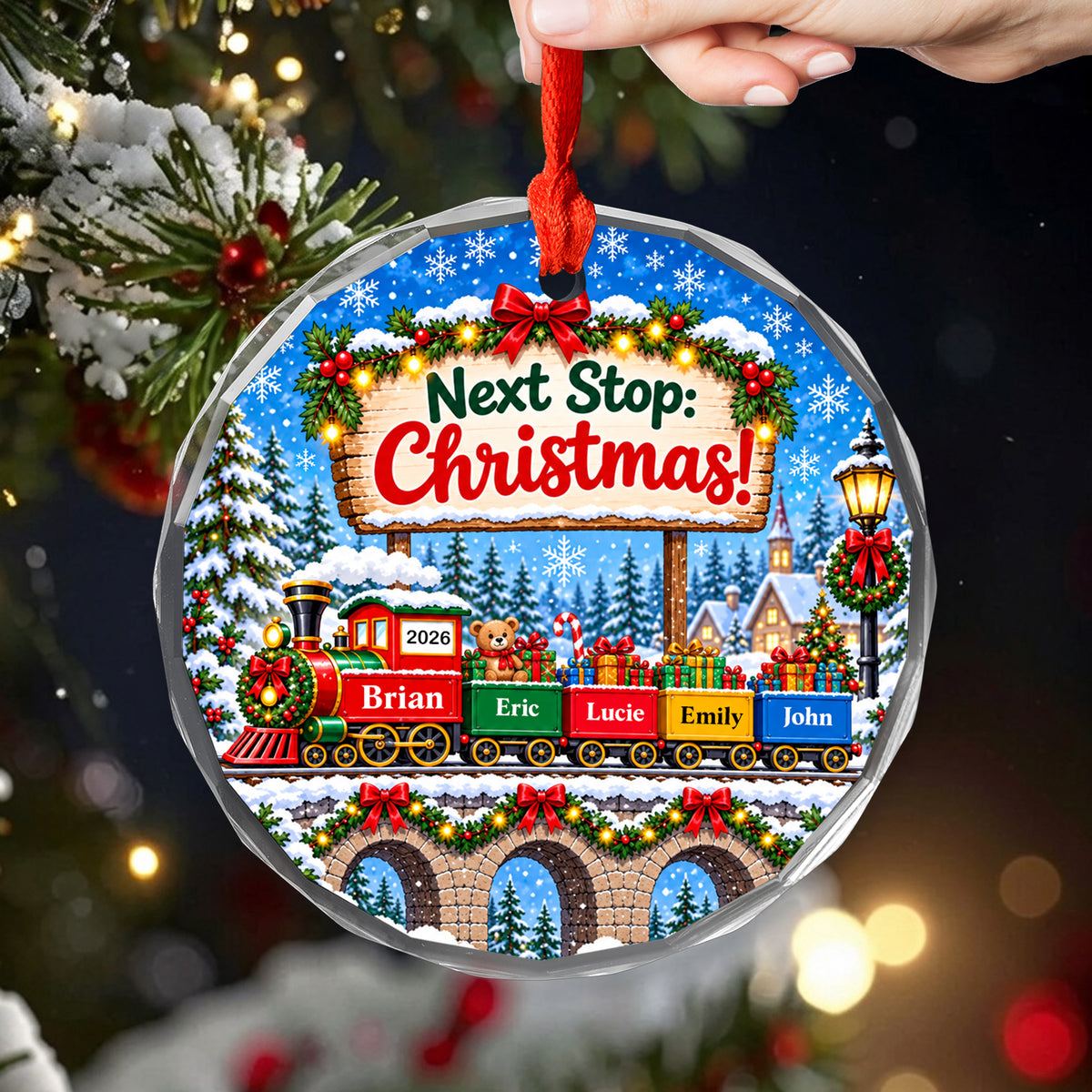 Christmas Train Family - Personalized Glass Ornament, Custom Family Name Christmas Ornament, Christmas Decor