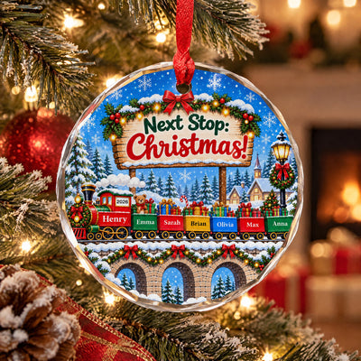 Christmas Train Family - Personalized Glass Ornament, Custom Family Name Christmas Ornament, Christmas Decor