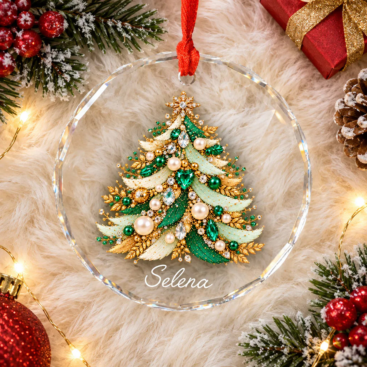 Personalized Christmas Tree Glass Ornament with green jeweled tree on white fur, pinecone and lights nearby