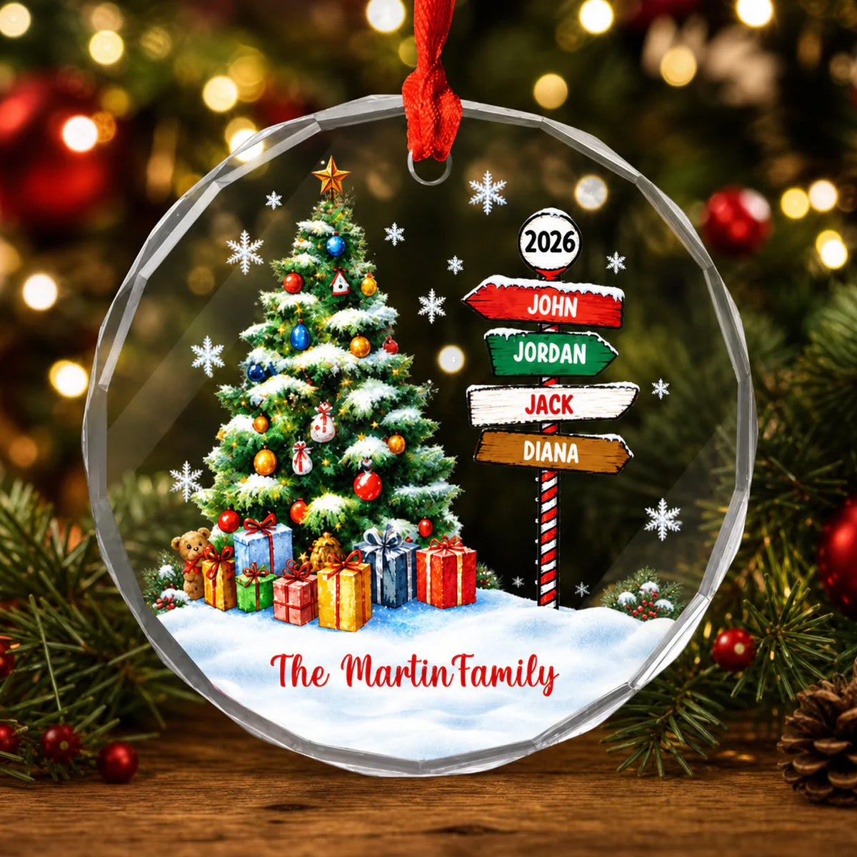 Family Name Signpost Christmas Eve - Personalized Glass Ornament, Family Christmas Gift