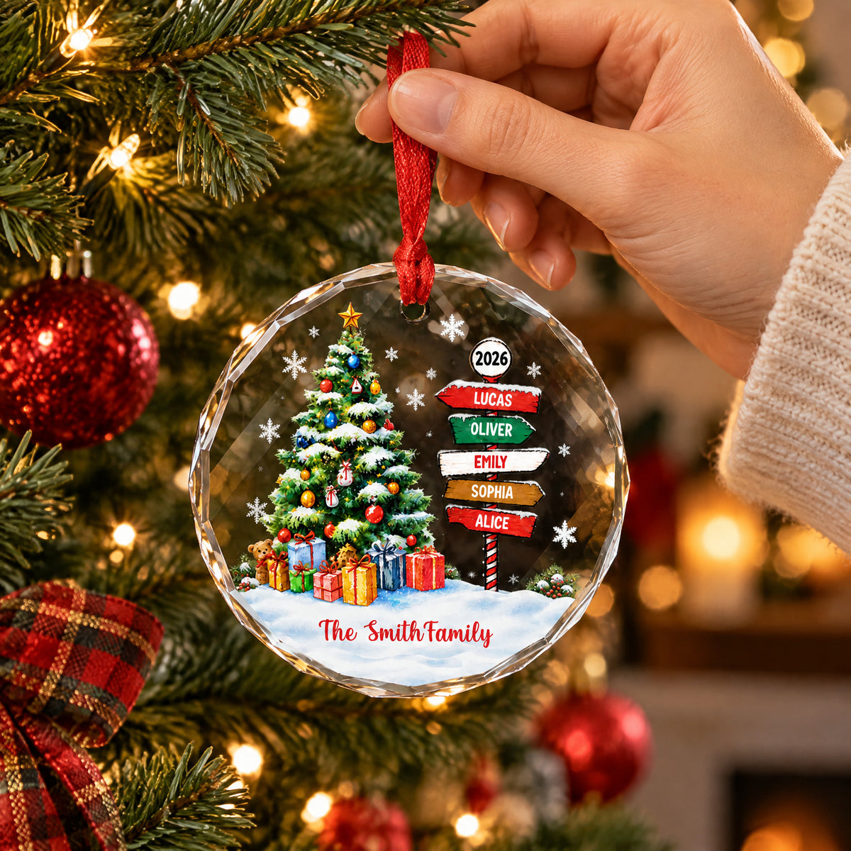 Family Name Signpost Christmas Eve - Personalized Glass Ornament, Family Christmas Gift