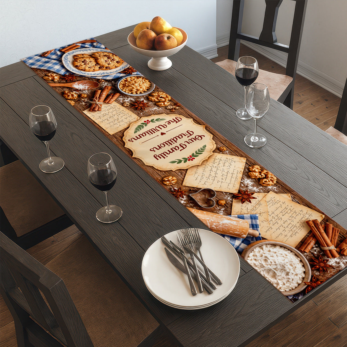 Our Family Traditions Table Runner, Custom Name Vintage Baking Recipe Kitchen Decor, Rustic Cookie and Cinnamon Dining Table Runner, Housewarming Gift for Family