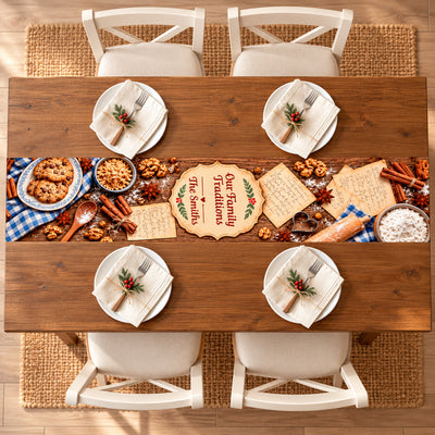 Our Family Traditions Table Runner, Custom Name Vintage Baking Recipe Kitchen Decor, Rustic Cookie and Cinnamon Dining Table Runner, Housewarming Gift for Family