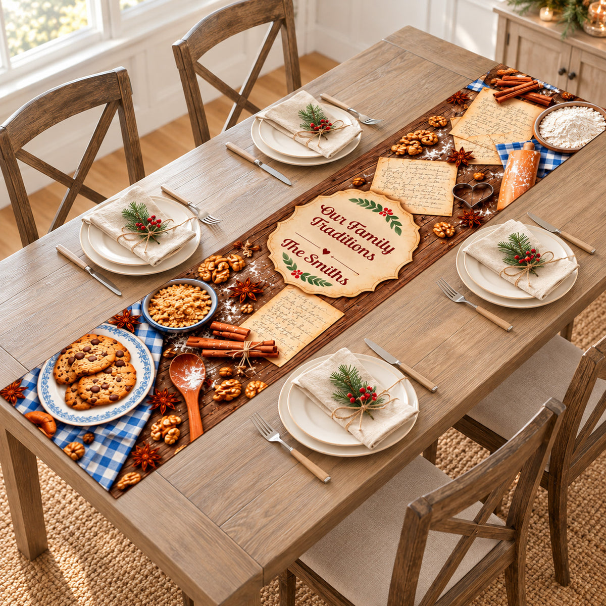 Our Family Traditions Table Runner, Custom Name Vintage Baking Recipe Kitchen Decor, Rustic Cookie and Cinnamon Dining Table Runner, Housewarming Gift for Family