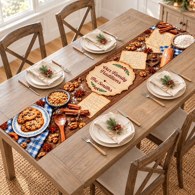 Our Family Traditions Table Runner, Custom Name Vintage Baking Recipe Kitchen Decor, Rustic Cookie and Cinnamon Dining Table Runner, Housewarming Gift for Family
