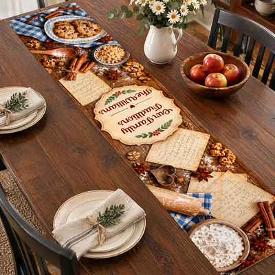 Our Family Traditions Table Runner, Custom Name Vintage Baking Recipe Kitchen Decor, Rustic Cookie and Cinnamon Dining Table Runner, Housewarming Gift for Family