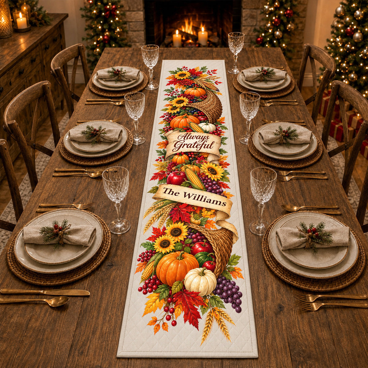 Always Grateful Thanksgiving Table Runner, Custom Name Fall Harvest Cornucopia Table Decor with Pumpkins and Sunflowers, Autumn Dining Room Decor, Family Holiday Gift
