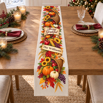 Always Grateful Thanksgiving Table Runner, Custom Name Fall Harvest Cornucopia Table Decor with Pumpkins and Sunflowers, Autumn Dining Room Decor, Family Holiday Gift