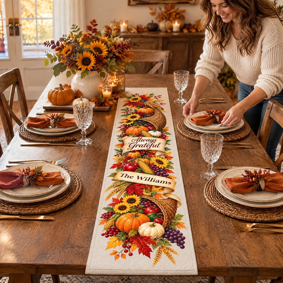 Always Grateful Thanksgiving Table Runner, Custom Name Fall Harvest Cornucopia Table Decor with Pumpkins and Sunflowers, Autumn Dining Room Decor, Family Holiday Gift