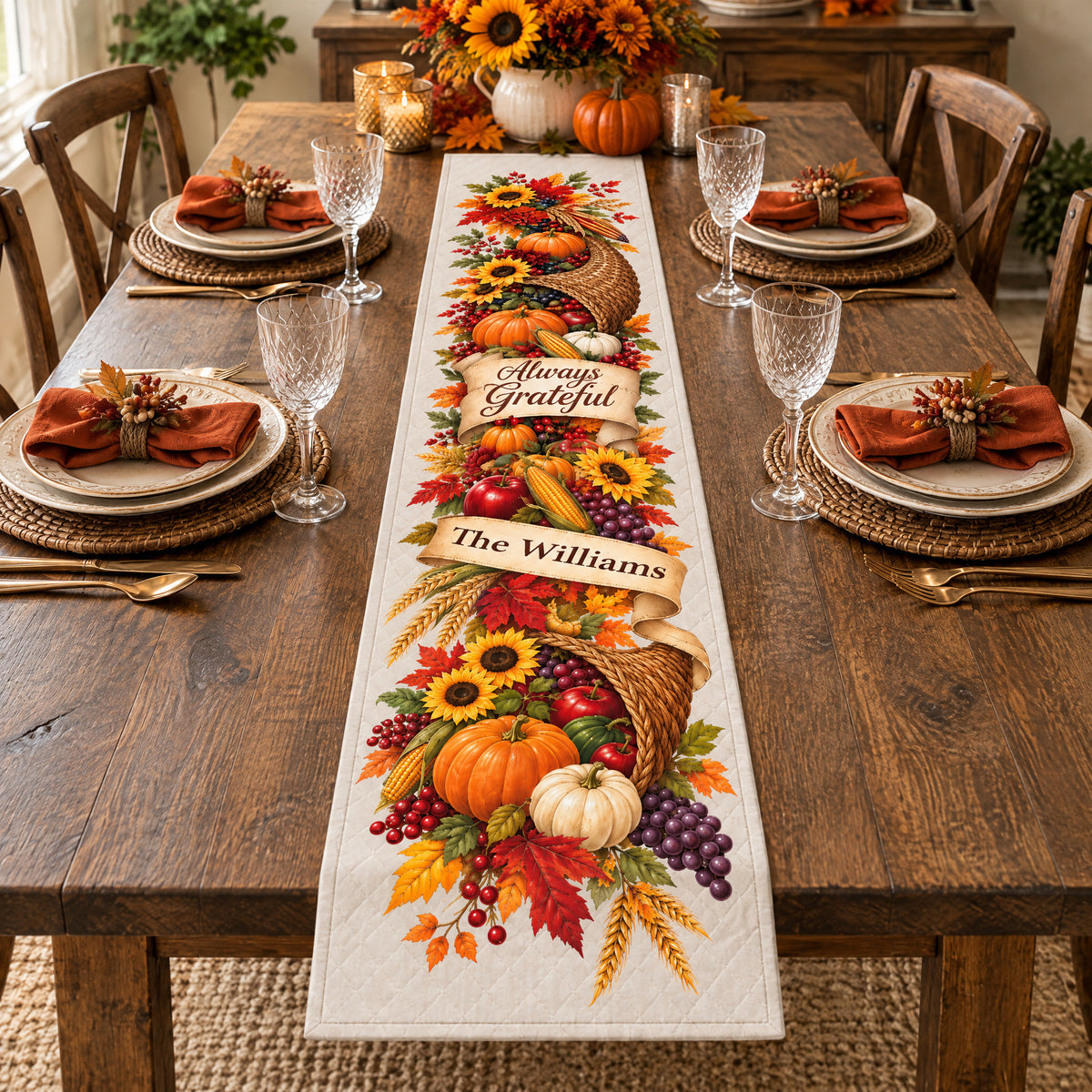 Always Grateful Thanksgiving Table Runner, Custom Name Fall Harvest Cornucopia Table Decor with Pumpkins and Sunflowers, Autumn Dining Room Decor, Family Holiday Gift