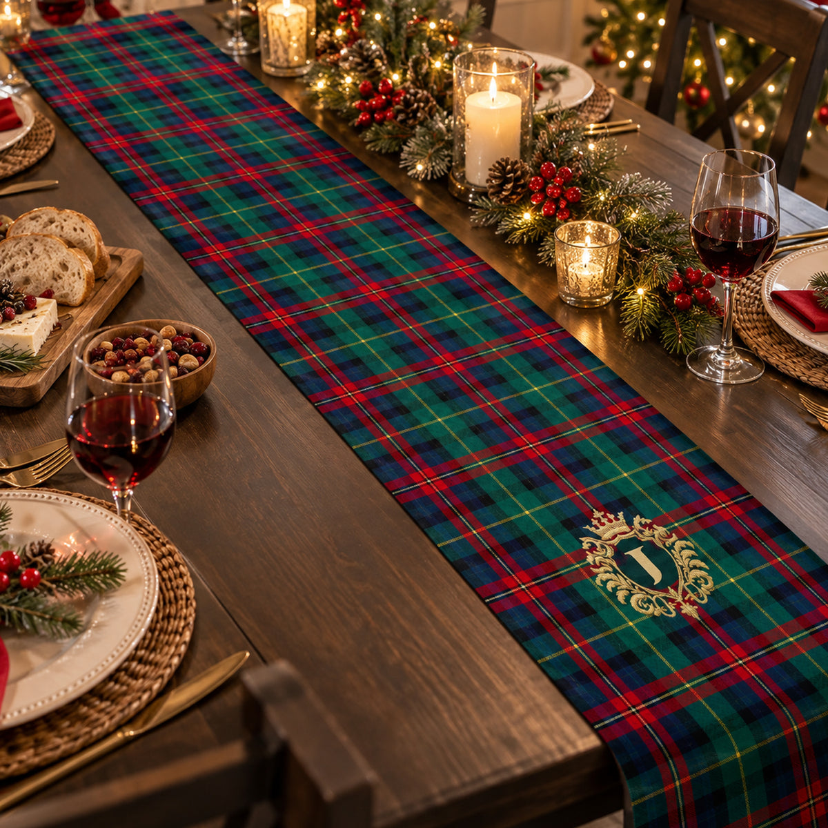 Personalized Christmas table runner with gold crest at the end, pinecones, lit candles and woven placemats