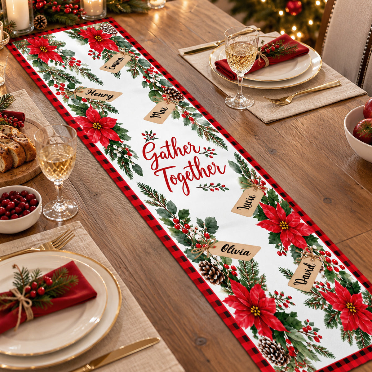Gather Together Christmas Table Runner, Custom Family Names Poinsettia Holiday Table Decor, Rustic Red Plaid Dining Runner, Festive Xmas Gift for Family