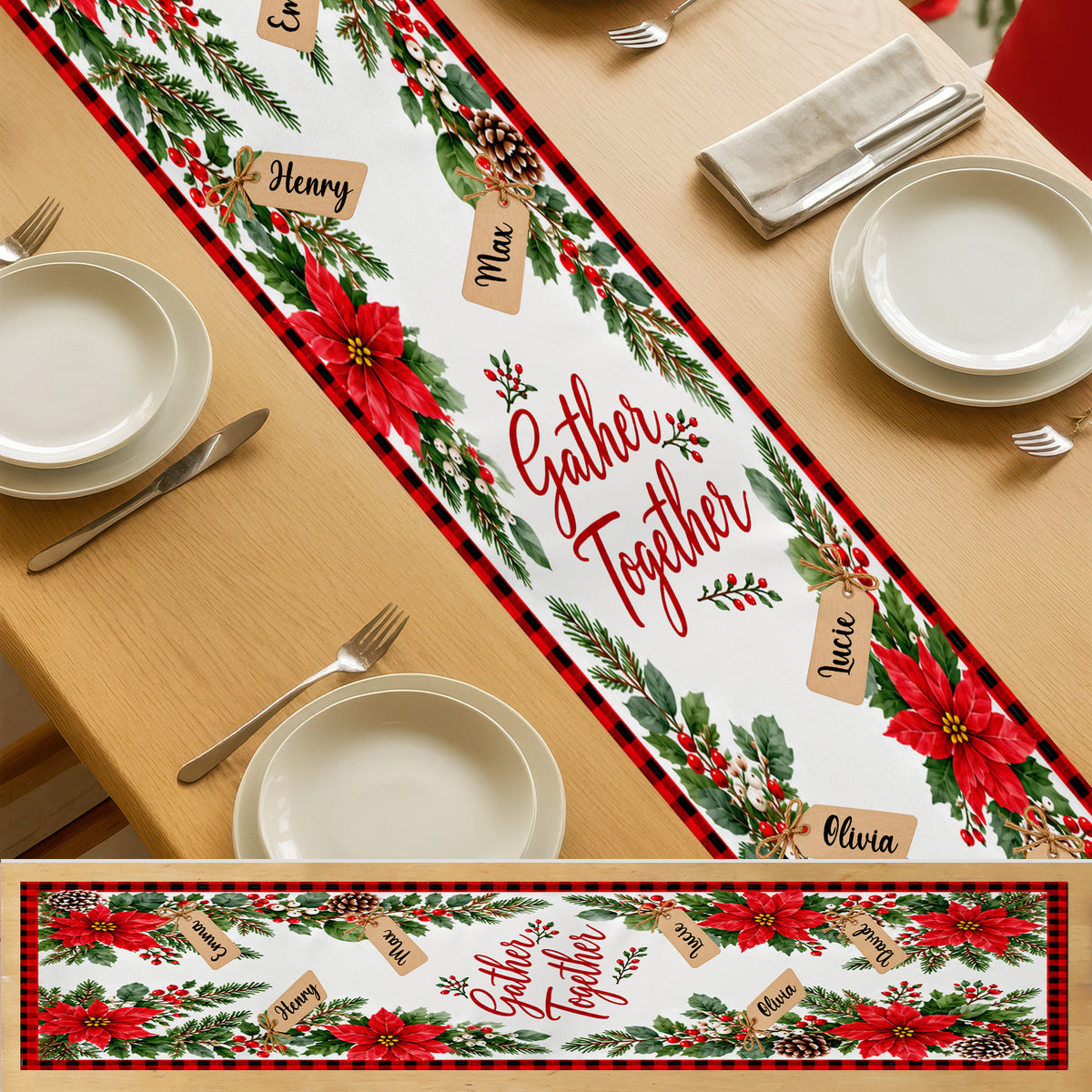 Gather Together Christmas Table Runner, Custom Family Names Poinsettia Holiday Table Decor, Rustic Red Plaid Dining Runner, Festive Xmas Gift for Family