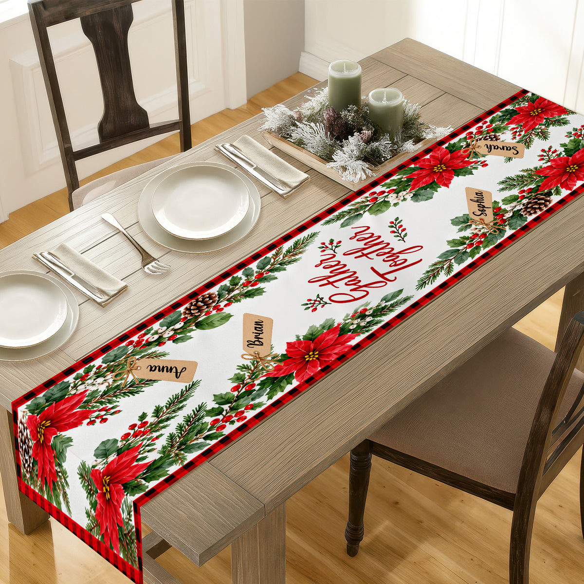 Gather Together Christmas Table Runner, Custom Family Names Poinsettia Holiday Table Decor, Rustic Red Plaid Dining Runner, Festive Xmas Gift for Family