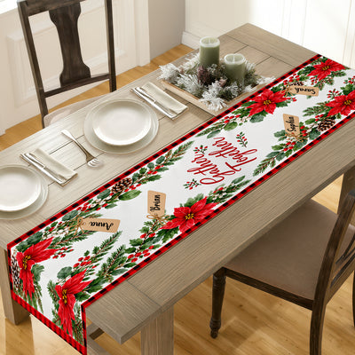 Gather Together Christmas Table Runner, Custom Family Names Poinsettia Holiday Table Decor, Rustic Red Plaid Dining Runner, Festive Xmas Gift for Family