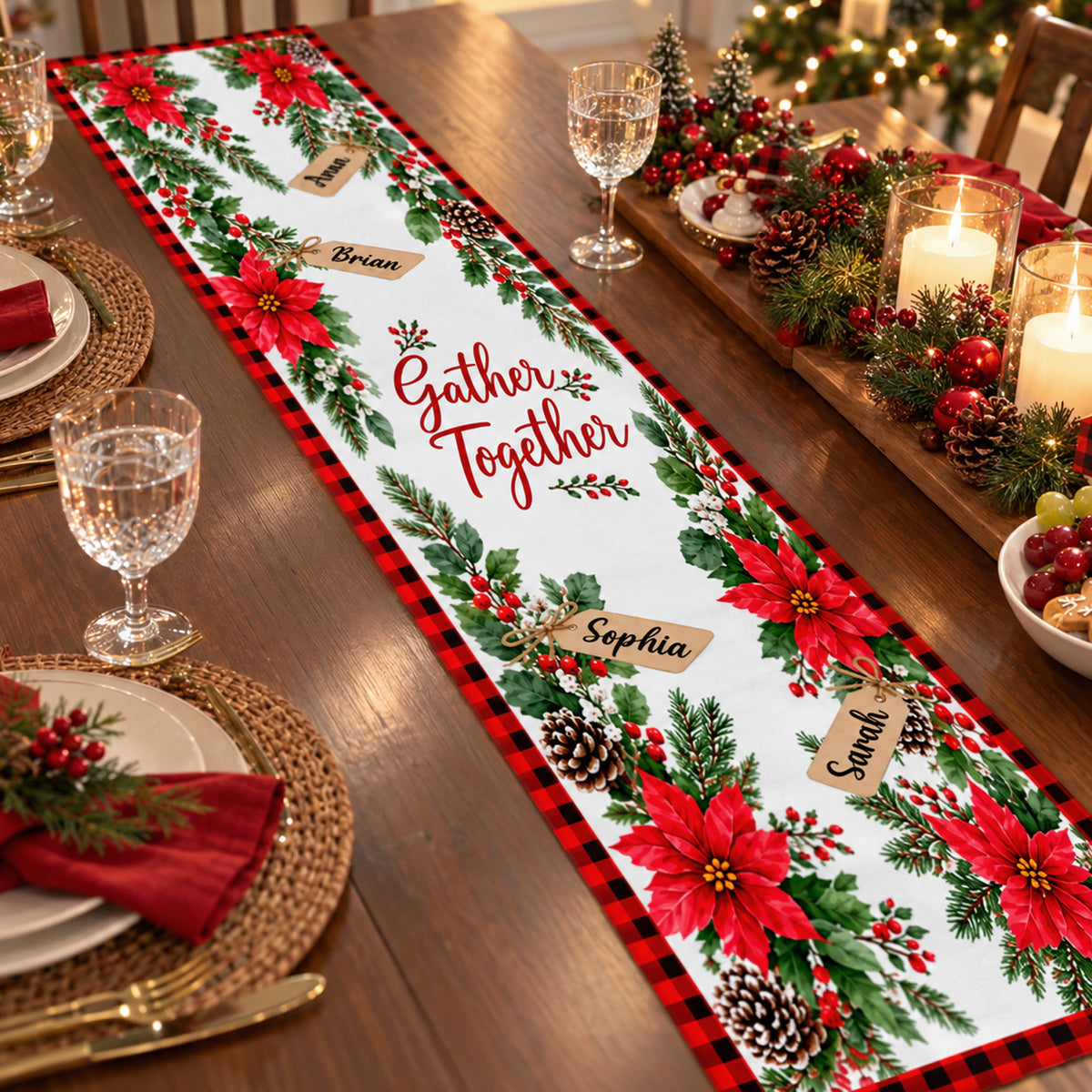 Gather Together Christmas Table Runner, Custom Family Names Poinsettia Holiday Table Decor, Rustic Red Plaid Dining Runner, Festive Xmas Gift for Family