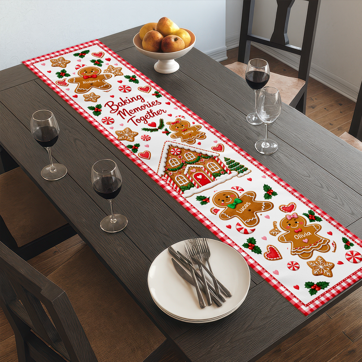 Baking Memories Together Christmas Table Runner, Custom Gingerbread Family Names Holiday Table Decor, Cute Gingerbread House Dining Runner, Festive Xmas Gift for Grandma