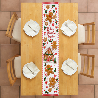 Baking Memories Together Christmas Table Runner, Custom Gingerbread Family Names Holiday Table Decor, Cute Gingerbread House Dining Runner, Festive Xmas Gift for Grandma