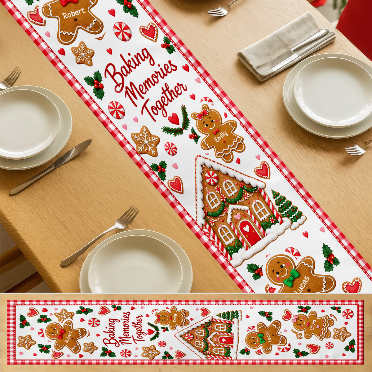 Baking Memories Together Christmas Table Runner, Custom Gingerbread Family Names Holiday Table Decor, Cute Gingerbread House Dining Runner, Festive Xmas Gift for Grandma