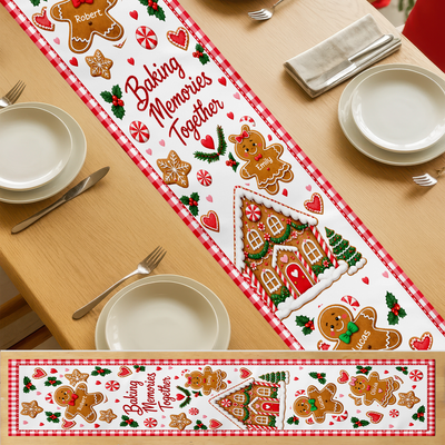 Baking Memories Together Christmas Table Runner, Custom Gingerbread Family Names Holiday Table Decor, Cute Gingerbread House Dining Runner, Festive Xmas Gift for Grandma