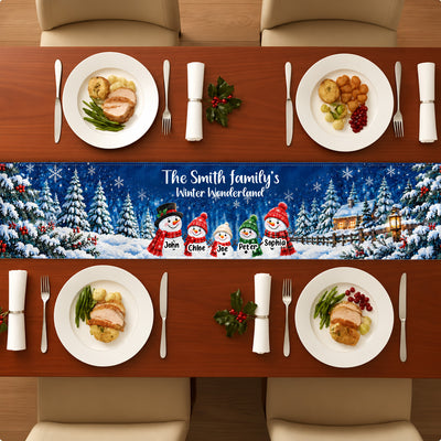 Our Winter Forest Family Snowman - Personalized Table Runner, Gift For Family, Christmas Decor Gift