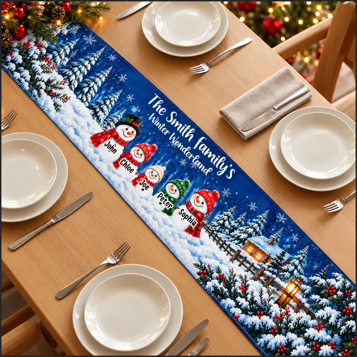 Our Winter Forest Family Snowman - Personalized Table Runner, Gift For Family, Christmas Decor Gift
