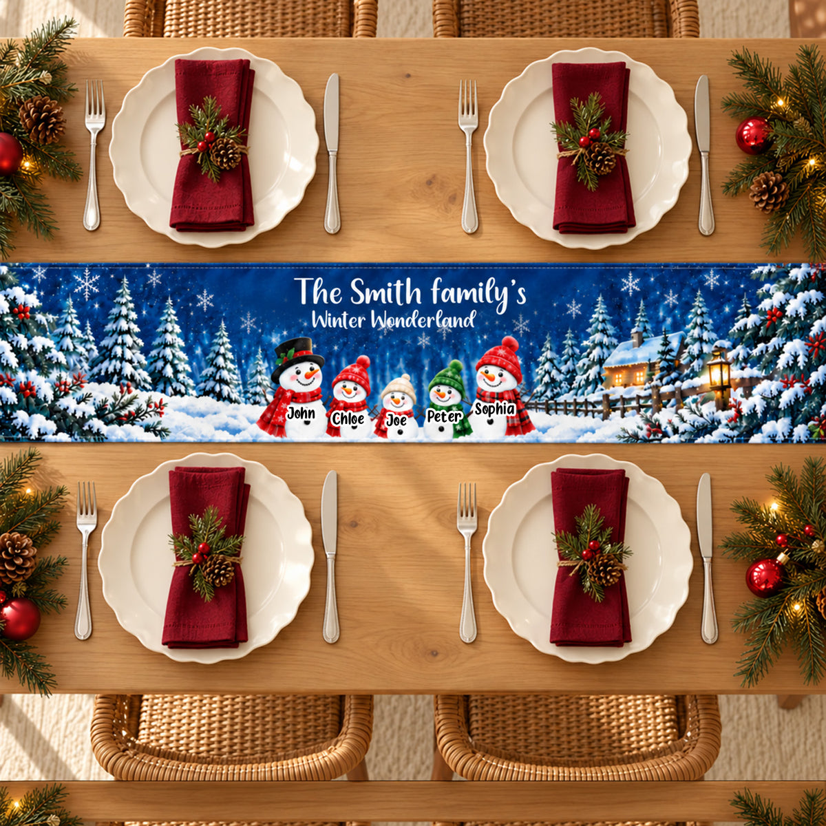 Our Winter Forest Family Snowman - Personalized Table Runner, Gift For Family, Christmas Decor Gift