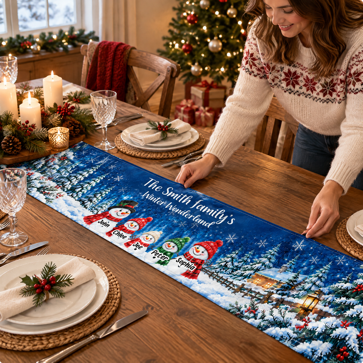 Our Winter Forest Family Snowman - Personalized Table Runner, Gift For Family, Christmas Decor Gift