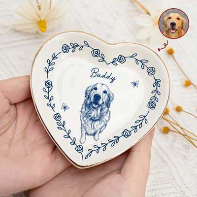 My Dog My Love - Personalized Jewelry Dish, Custom Blue Line Pet Portrait Jewelry Dish, Custom Dog Keepsake, Pet Lover Gift