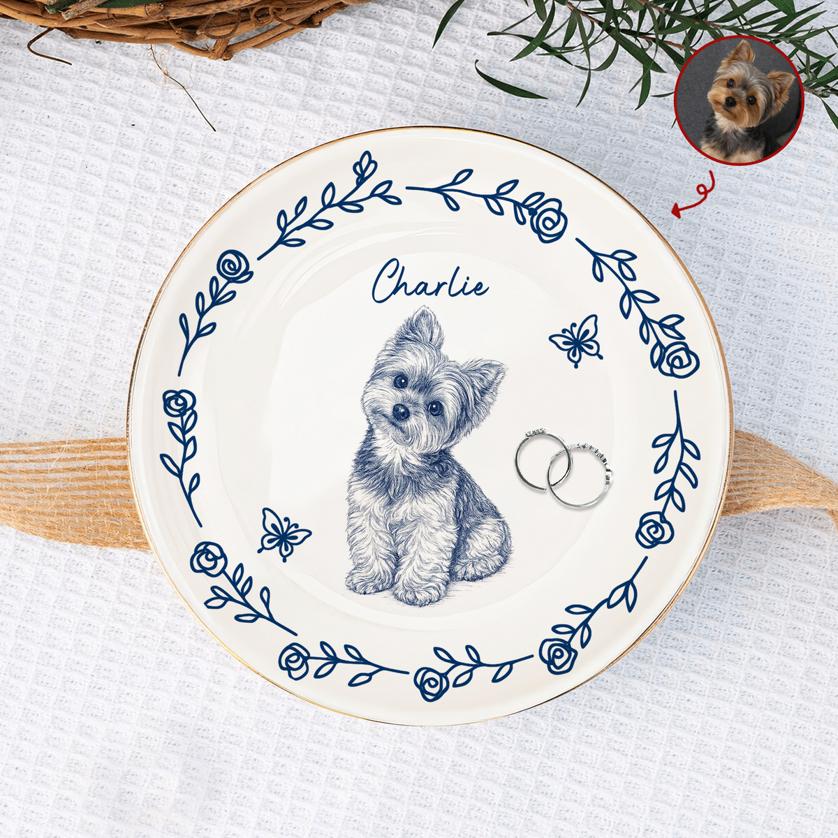 My Dog My Love - Personalized Jewelry Dish, Custom Blue Line Pet Portrait Jewelry Dish, Custom Dog Keepsake, Pet Lover Gift