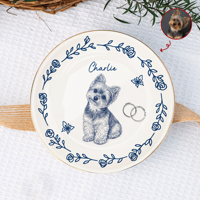 My Dog My Love - Personalized Jewelry Dish, Custom Blue Line Pet Portrait Jewelry Dish, Custom Dog Keepsake, Pet Lover Gift