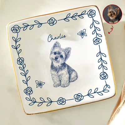 My Dog My Love - Personalized Jewelry Dish, Custom Blue Line Pet Portrait Jewelry Dish, Custom Dog Keepsake, Pet Lover Gift