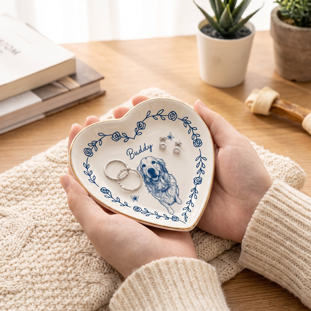 My Dog My Love - Personalized Jewelry Dish, Custom Blue Line Pet Portrait Jewelry Dish, Custom Dog Keepsake, Pet Lover Gift