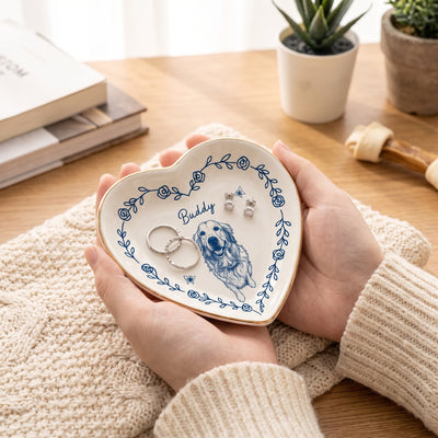 My Dog My Love - Personalized Jewelry Dish, Custom Blue Line Pet Portrait Jewelry Dish, Custom Dog Keepsake, Pet Lover Gift