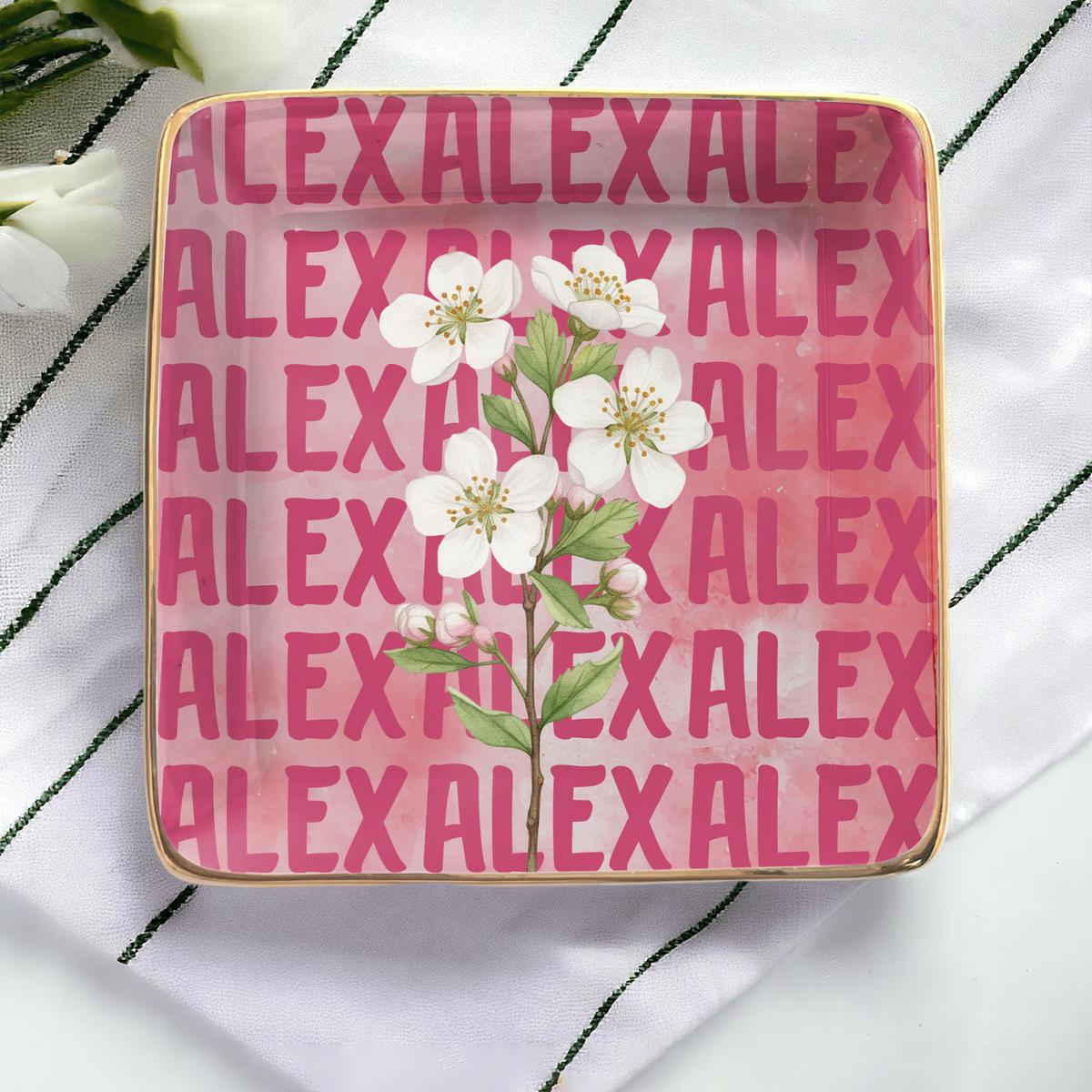 A Name Forever Held In Flowers And Heart - Personalized Jewelry Dish, Custom Birth Flower Gift, Gift For Her