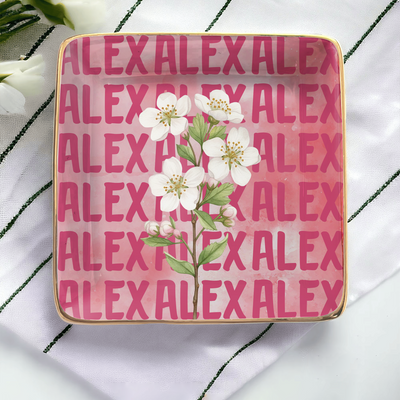 A Name Forever Held In Flowers And Heart - Personalized Jewelry Dish, Custom Birth Flower Gift, Gift For Her