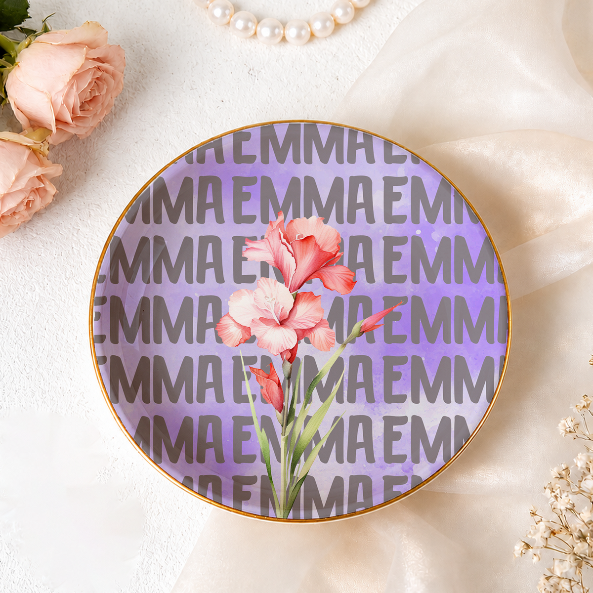 A Name Forever Held In Flowers And Heart - Personalized Jewelry Dish, Custom Birth Flower Gift, Gift For Her