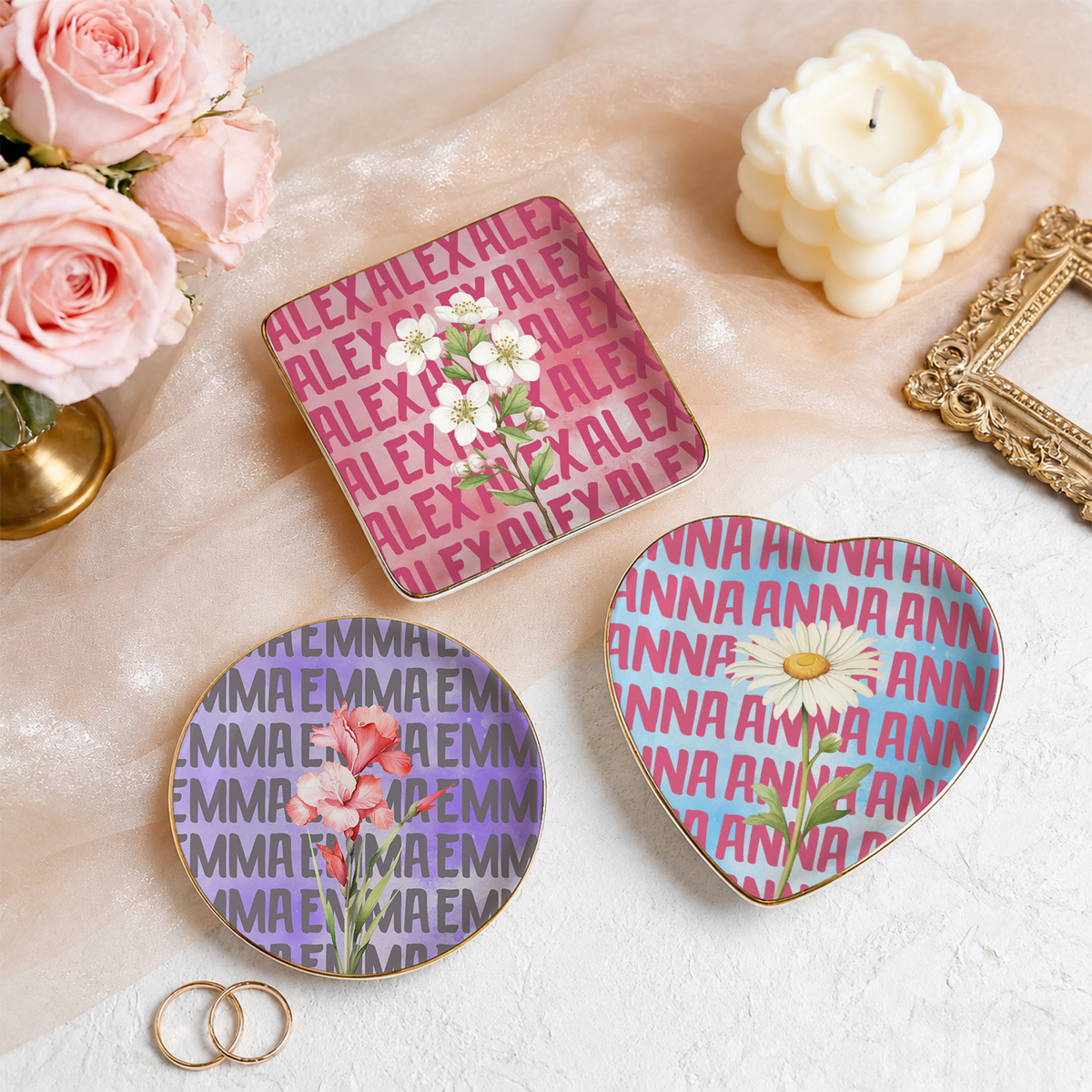 A Name Forever Held In Flowers And Heart - Personalized Jewelry Dish, Custom Birth Flower Gift, Gift For Her