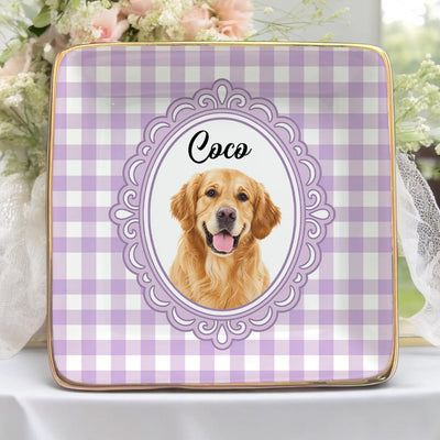 Retro Checkered Pet Portrait - Personalized Jewelry Dish, Custom Dog Cat Portrait Gift,  Vintage Retro Frame Jewelry Dish, Cute Pet Gift