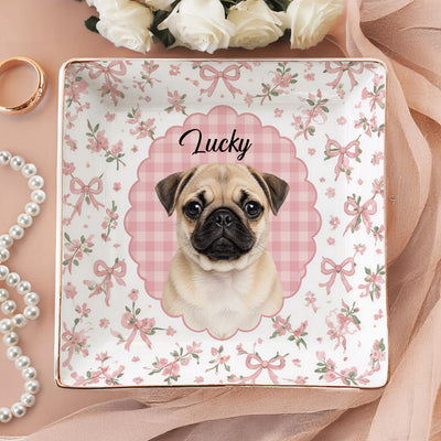 Retro Checkered Pet Portrait - Personalized Jewelry Dish, Custom Dog Cat Portrait Gift,  Vintage Retro Frame Jewelry Dish, Cute Pet Gift