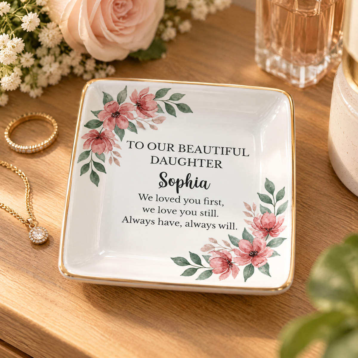 To Our Daughter - Floral Personalized Ring Dish, Wedding Keepsake