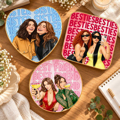 Besties Photo Watercolor - Personalized Jewelry Dish, Best Friend Watercolor Portrait Ring Dish