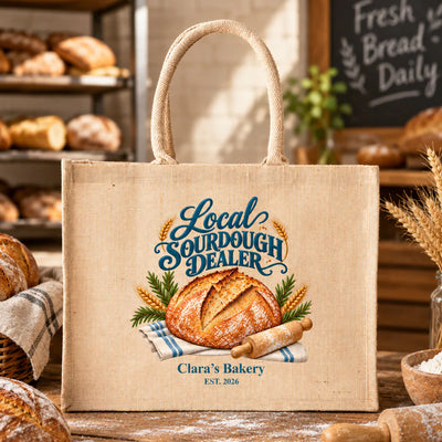 Personalized jute tote bag with sourdough loaf design standing in a bakery beside shelves of bread