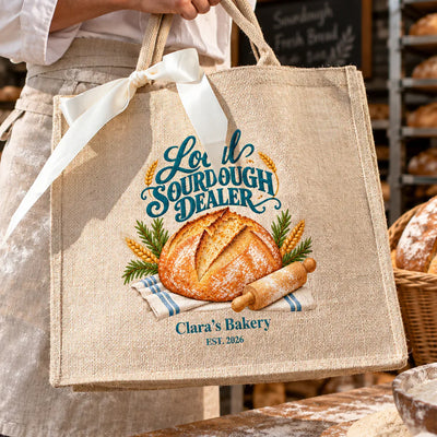 Personalized jute tote bag held by a person in a linen apron with a white ribbon on the handles