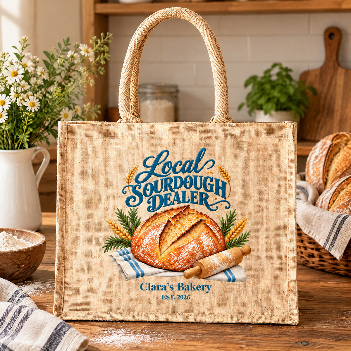 Personalized jute tote bag on a wooden counter with daisies, flour bowl and bread basket