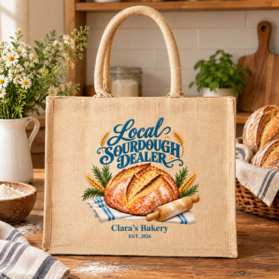 Personalized jute tote bag on a wooden counter with daisies, flour bowl and bread basket